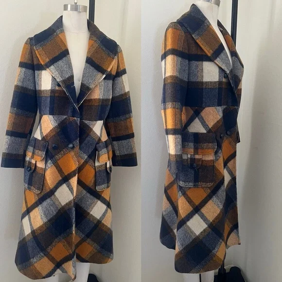 Vintage Jill Jr. Rust Orange and Navy Plaid Wool Coat as is - Picture 2 of 12